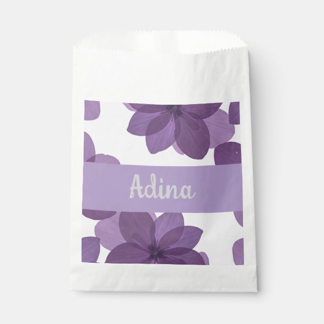 Purple flower Bas Mitzva favor bag with name (Front)