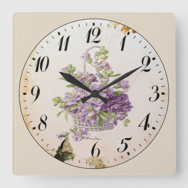 Purple Flower Basket Square Wall Clock (Front)