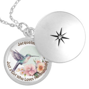 Purple Flower Blue Hummingbird Personalized Name Locket Necklace