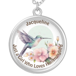Purple Flower Blue Hummingbird Personalized Name Silver Plated Necklace