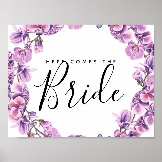 purple flower botanical here comes the bride poster (Front)