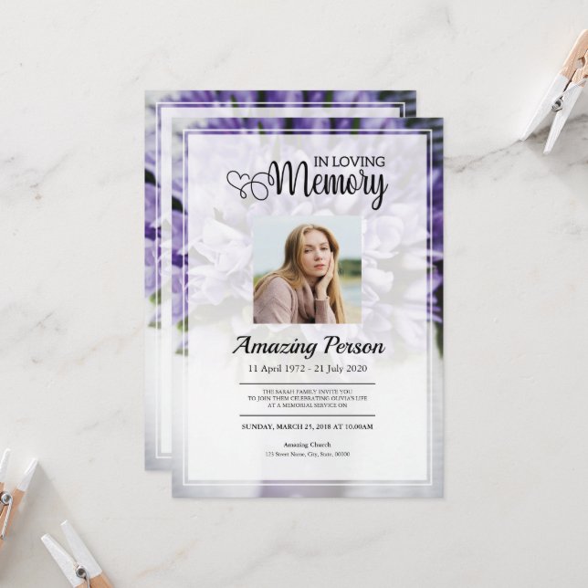 Purple Flower Bouquet Funeral Announcement Card (Front/Back In Situ)