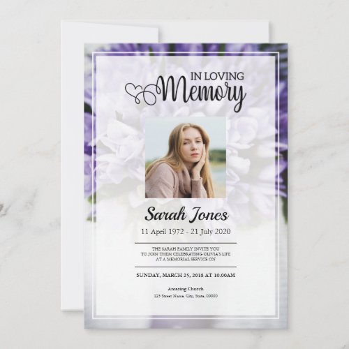 Purple Flower Bouquet Funeral Announcement Card