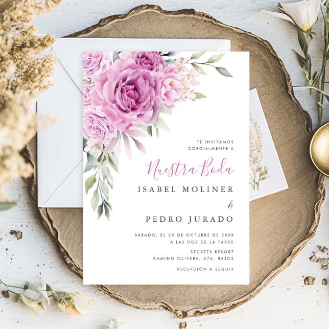 Purple Flower Bouquet Nuestra Boda Spanish Wedding Invitation (Creator Uploaded)