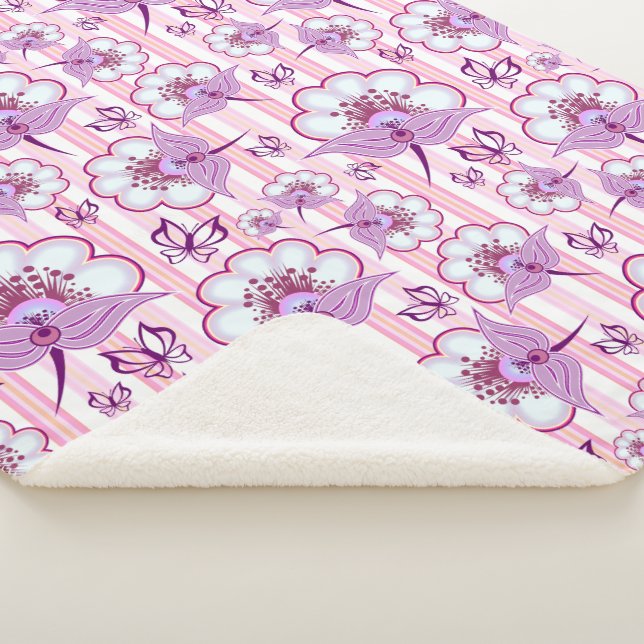 Purple Flower & Butterflies Pattern  Sherpa Blanke Blanket (3/4)