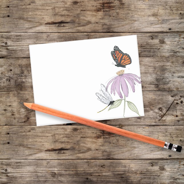 Purple Flower Butterfly and Dragonfly Post-it Notes (Butterfly and dragonfly with purple cone flower post it notes)