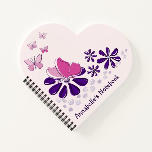 Purple Flower  Butterfly Doodle Your Name Notebook