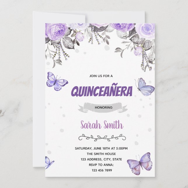 Purple flower butterfly quince theme invitation (Front)