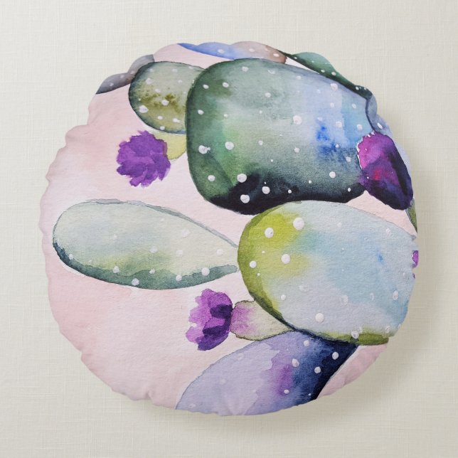 Purple Flower Cactus (Nopal) Round Pillow (Front)
