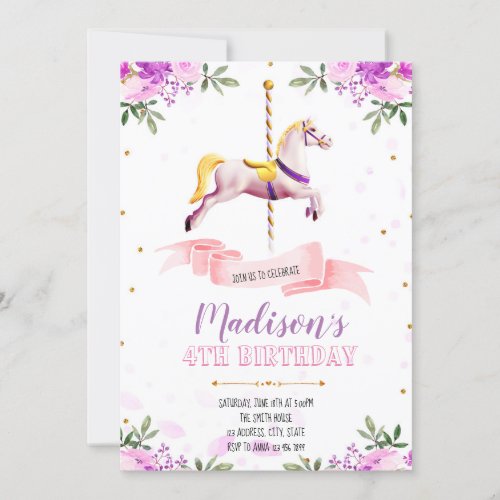 Purple flower carousel party invitation