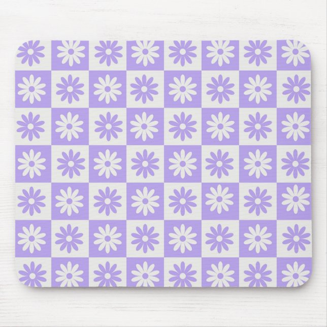 Purple Flower Checkerboard Modern Retro Checkered  Mouse Pad (Front)