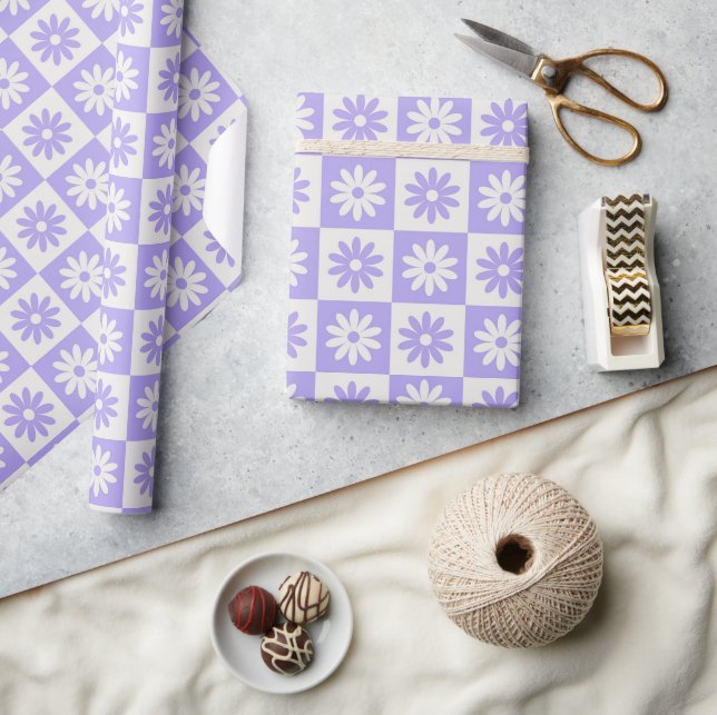 Purple Flower Checkered Retro Plaid Pattern Wrapping Paper (Crafts)