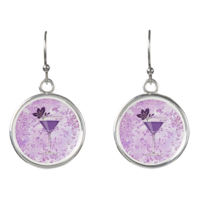 Purple Flower Cocktail Lavender Bokeh Bling Earrings (Front)