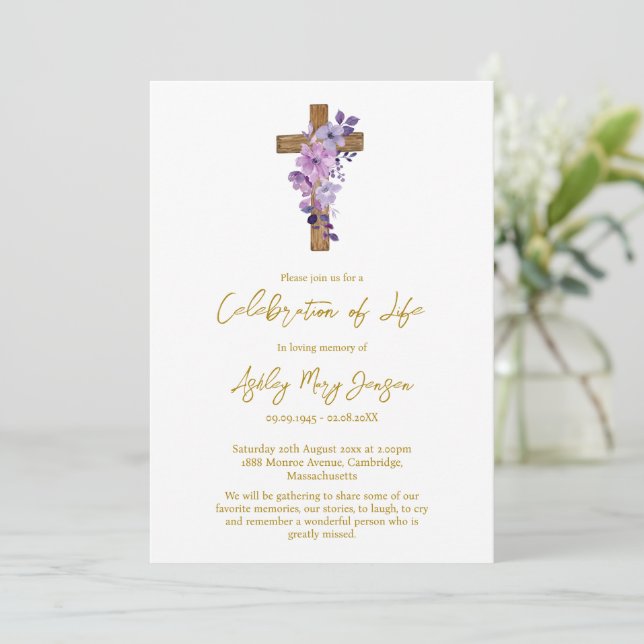 Purple flower cross Celebration of Life Funeral Invitation (Standing Front)