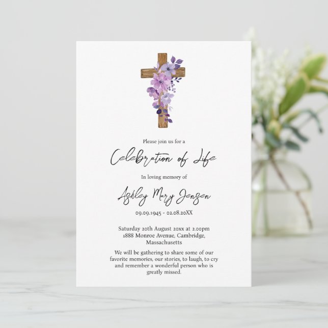 Purple flower cross Celebration of Life Funeral Invitation (Standing Front)