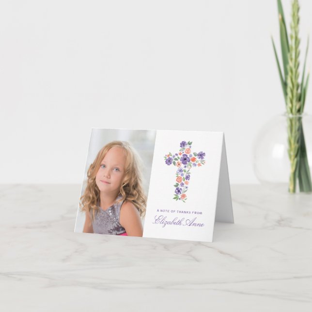Purple Flower Cross First Communion Thank You Card (Front)