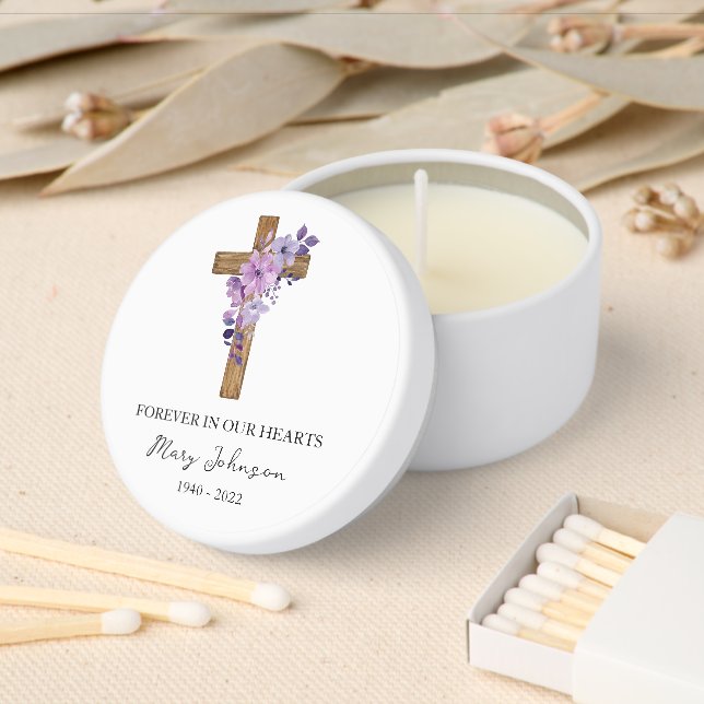 Purple flower Cross Funeral Mini Candle Favors (Insitu)