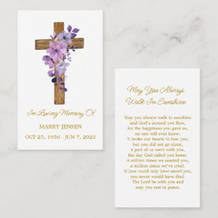Purple flower Cross Memorial Funeral Prayer Card