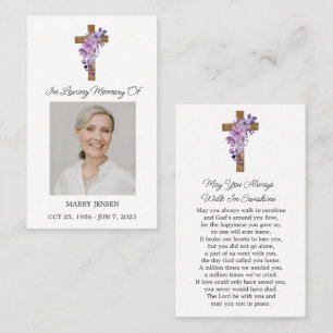 Purple Flower Cross Photo Funeral Prayer Card