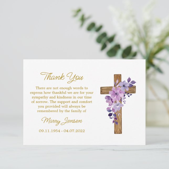 Purple flower Cross Sympathy Thank You Card (Standing Front)