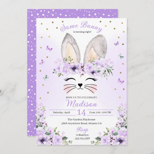 Purple Flower Crown Bunny Ears Easter Birthday Invitation