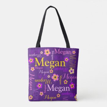 Purple Flower Custom Name Megan Art Tote Bag by Mylittleeden at Zazzle