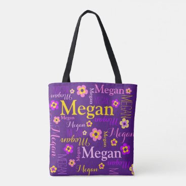 Purple flower custom name Megan art tote bag