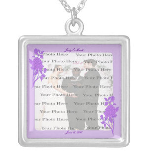 Purple Flower Custom Square Silver Necklace