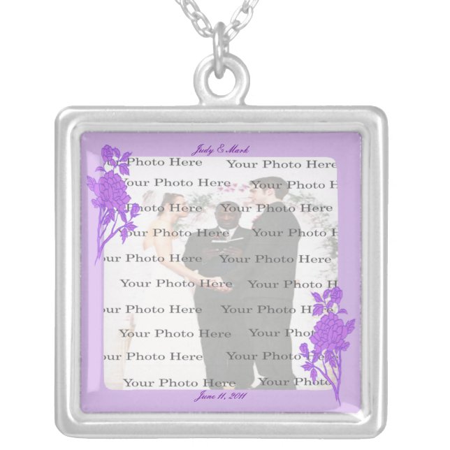 Purple Flower Custom Square Silver Necklace (Front)