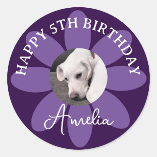 Purple Flower Cute White Dog Photo 5th Birthday Classic Round Sticker