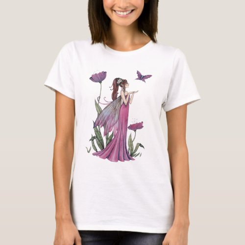 Purple Flower Fairy and Butterfly Fantasy Art T_Shirt