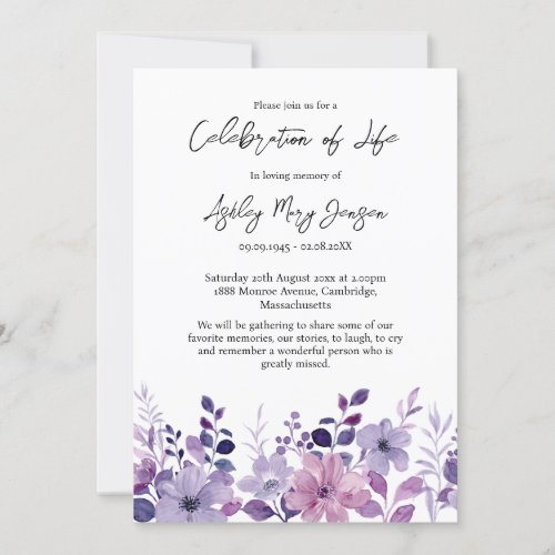 Purple Flower Floral Celebration of Life Funeral Invitation