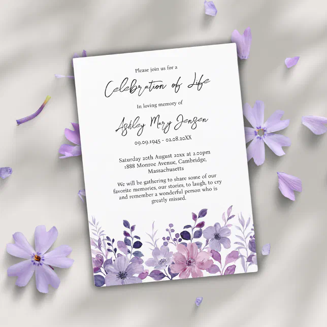 Purple Flower Floral Celebration of Life Funeral Invitation | Zazzle