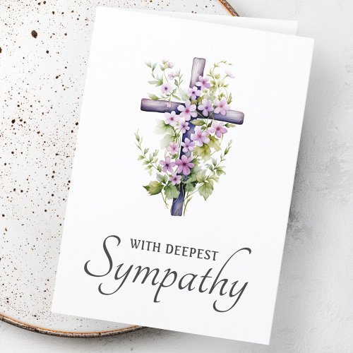 Purple flower floral cross with deepest sympathy card