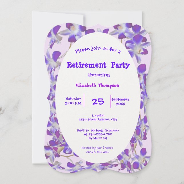 purple flower frame floral Retirement Party card (Front)