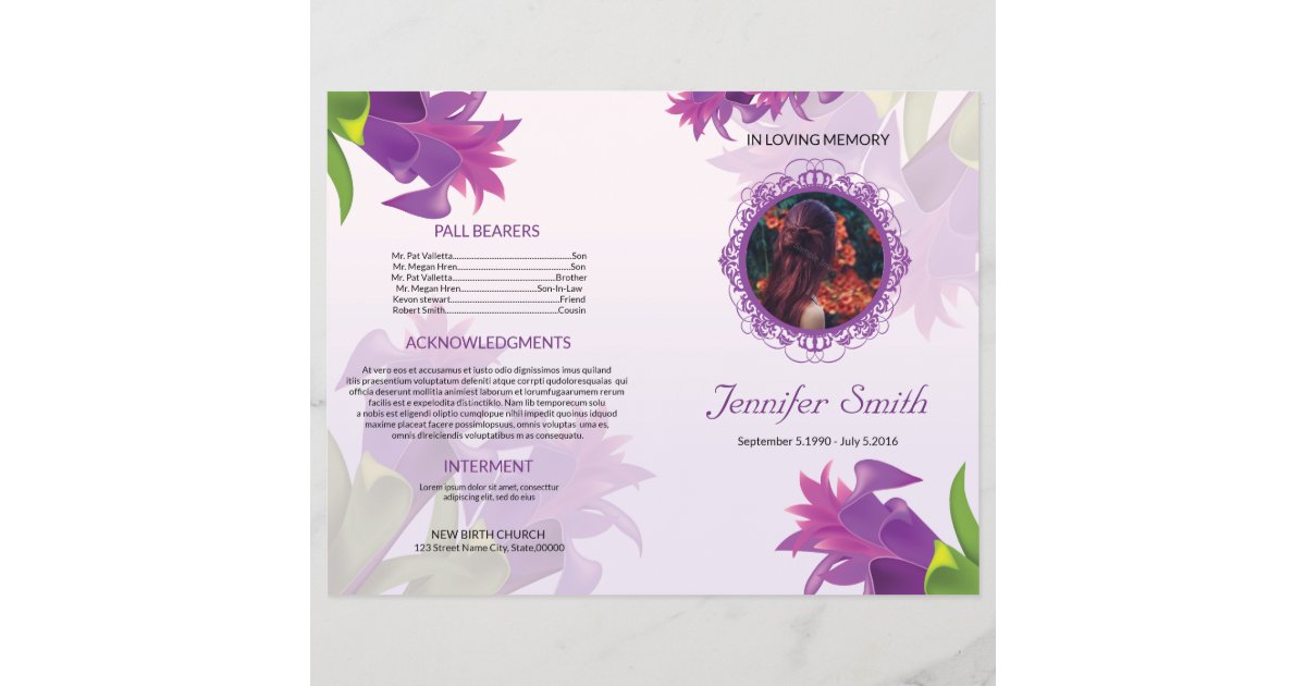 Purple Flower Funeral Program Template | Zazzle