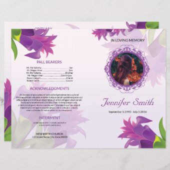 Purple Flower Funeral Program Template | Zazzle