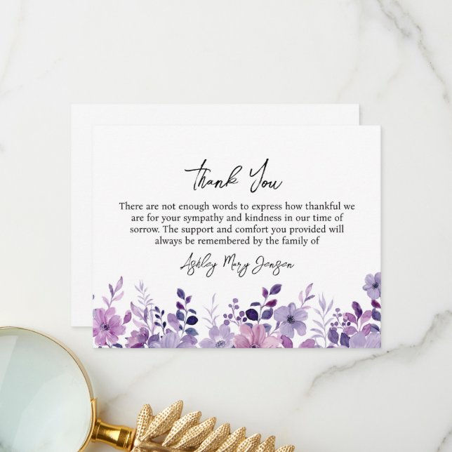 Purple Flower Funeral Thank You Card Bereavement (Front/Back In Situ)