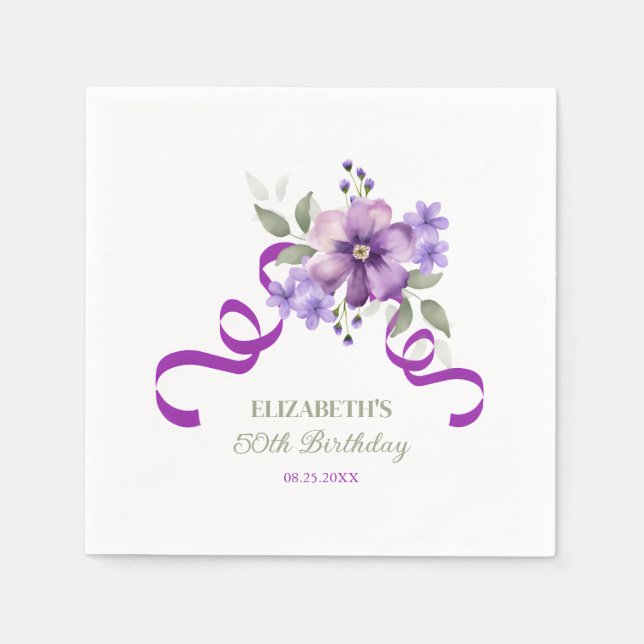 Purple Flower Greenery Ribbon Birthday Napkins (Front)