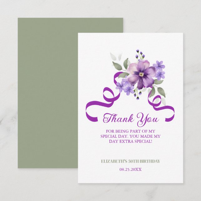 Purple Flower Greenery Ribbon Birthday Thank You Card (Front/Back)