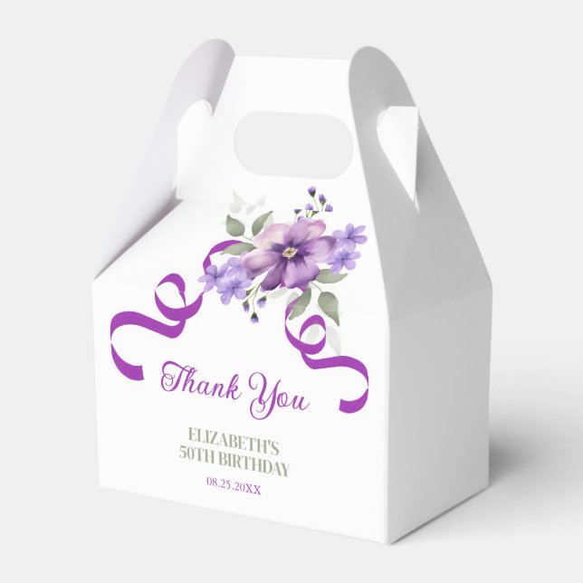 Purple Flower Greenery Ribbon Birthday Thank You Favor Boxes (Front Side)