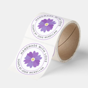 Purple Flower Handmade With Love Business Name Classic Round Sticker