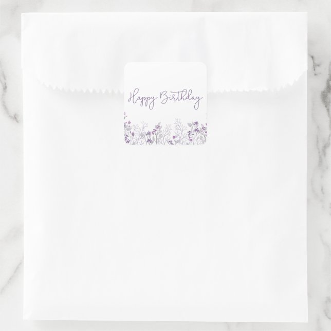 Purple Flower Happy Birthday Square Stickers (Bag)