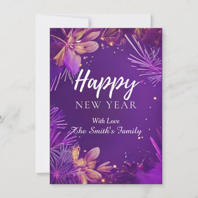 Purple Flower Happy New Year Flat Holiday Card (Front)