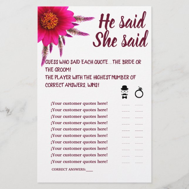 PURPLE FLOWER HE SAID SHE SAID SHOWER GAME CARD FLYER (Front)