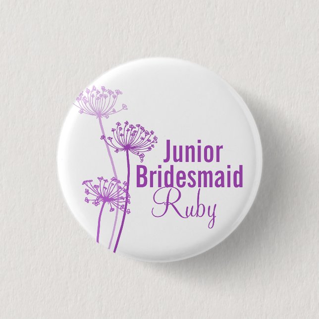 Purple flower junior bridesmaidwedding pin button (Front)