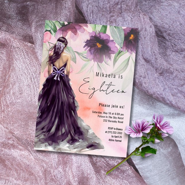 Purple Flower Lady In Long Gown 18th Birthday  Invitation (Creator Uploaded)