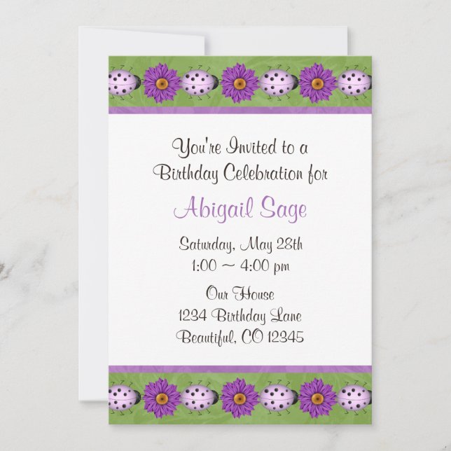 Purple Flower & Ladybug Birthday Invitation (Front)