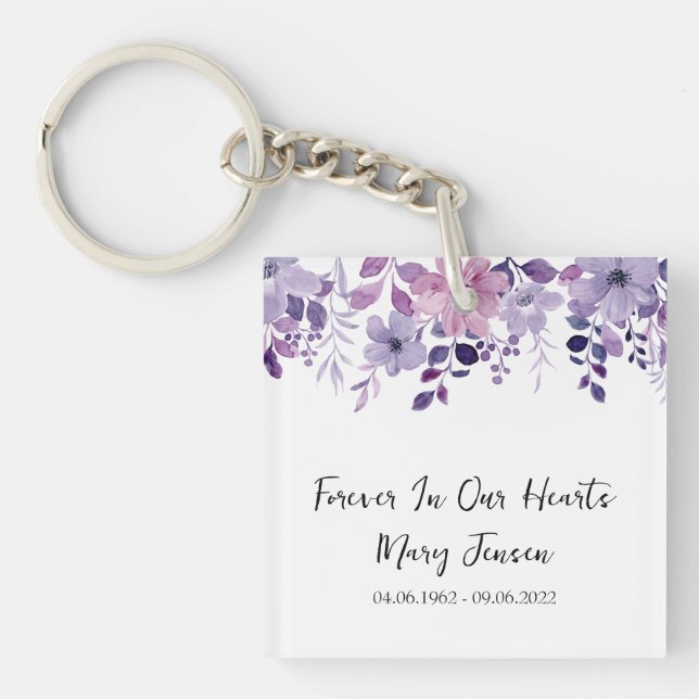 Purple Flower Memorial Funeral Photo Keychain (Front)
