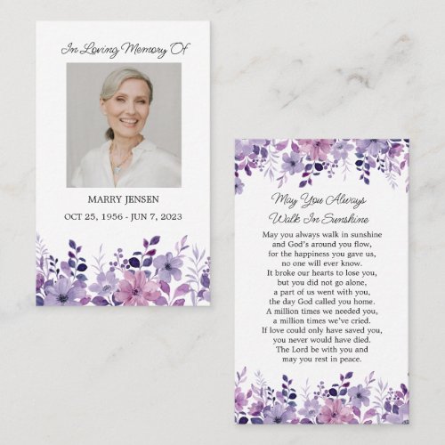 Purple Flower Memorial Photo Funeral Prayer Card
